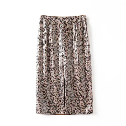 Women's genuine leather skirt - Spring New Trendy Mid Long High Split Shiny Sequins Elegan | OurHomly