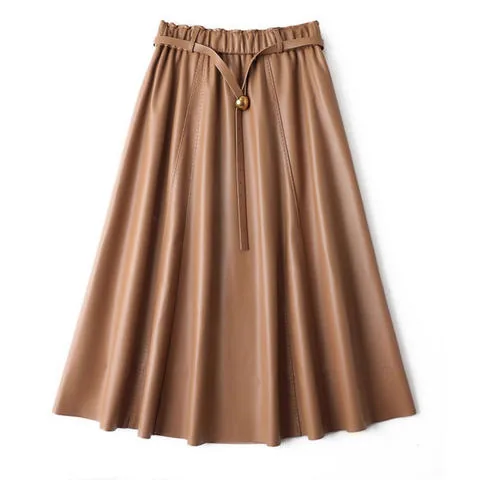 Women's genuine leather skirt - Spring New Style Causal Sheepskin Elastic Waist Belt Long | OurHomly