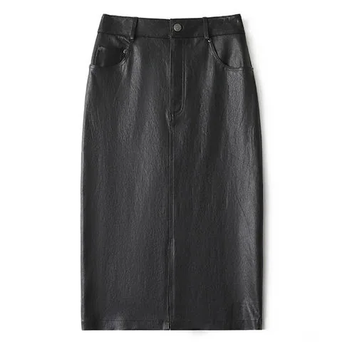 Women's genuine leather skirt - New Arrival Elastic Leather Front Split Sheepskin Mid Leng | OurHomly