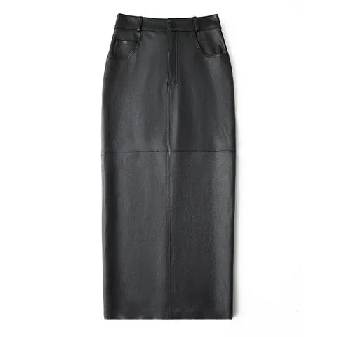 Women's genuine leather skirt - New Arrival Black Mid Waist Split Hip Hugging Elastic Shee | OurHomly