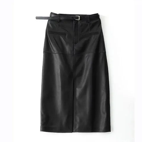 Women's genuine leather skirt - Wholesale Price Solid Color Front Split Straight Style Lon | OurHomly