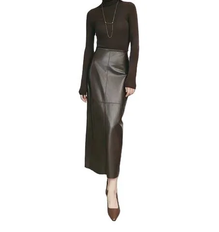 Women's genuine leather skirt - New Fashion Sheepskin Leather Long Skirts Solid Color High | OurHomly