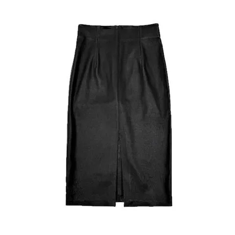 Women's genuine leather skirt - New Fashion Midi Leather Skirt Wrap Front Slit Elastic Gen | OurHomly