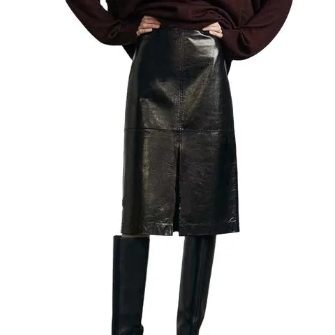 Women's genuine leather skirt - Trending Products 2026 New Arrivals Front Split Black Cows | OurHomly