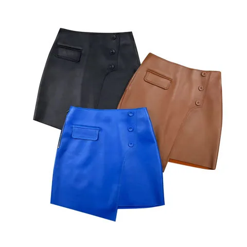 Women's genuine leather skirt - Versatile Asymmetrical Buttons Mini Women's Sheepskin Skir | OurHomly