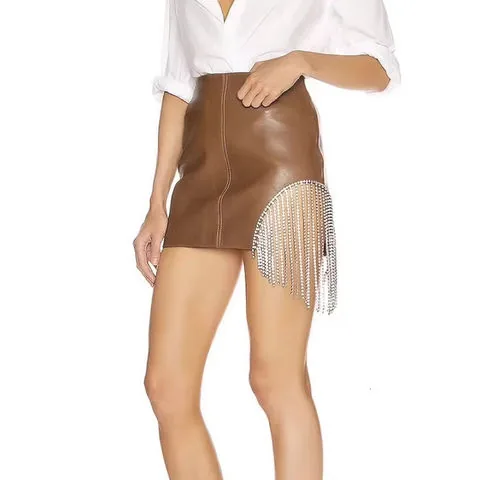 Women's genuine leather skirt - Winter Brown Genuine Leather Mini Skirt Crystal Tassel Sex | OurHomly