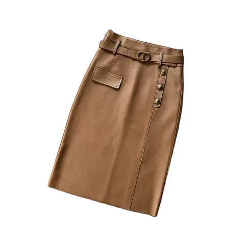 Women's genuine leather skirt - Fashion Women's Long Sheepskin Skirt for Daily Commuting G | OurHomly