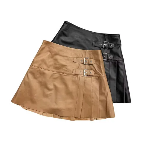 Women's genuine leather skirt - Fashion Belt Lock Tennis Mini Short Skirt Spliced Thin Gen | OurHomly