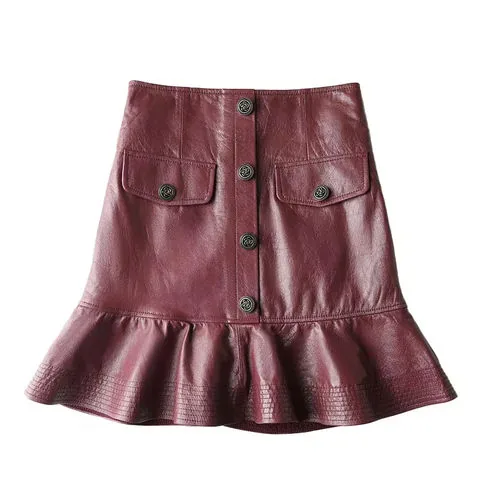 Women's genuine leather skirt - Fashion Design Leather Skirt Solid Color Pleated Fishtail | OurHomly