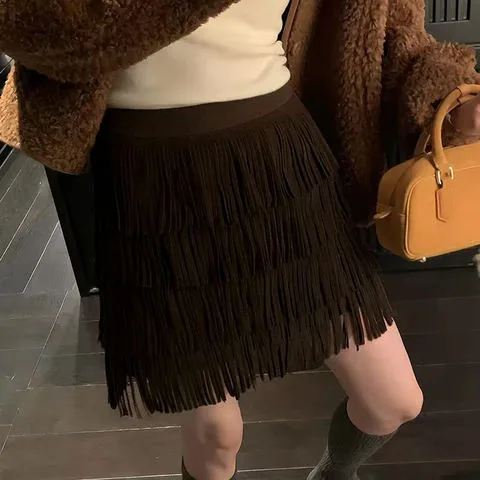 Women's genuine leather skirt - New Sheepskin Suede Fringe Cake A-line Version Versatile F | OurHomly