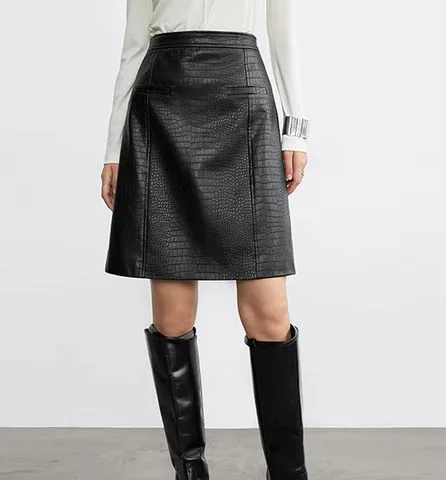 Women's genuine leather skirt - Wholesale a Line Embossed 100% Real Sheep Leather Skirt fo | OurHomly