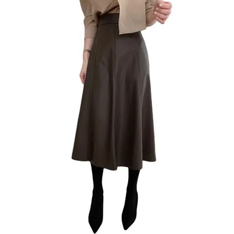 Women's genuine leather skirt - Wholesale Womens Skirts Plain Brown Casual Knee Length Lea | OurHomly