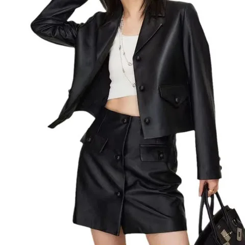 Women's genuine leather skirt - Autumn Spring New Trendy Sexy Black Single Breasted Stylis | OurHomly