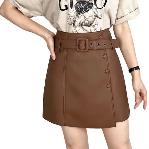 Women's genuine leather skirt - High Quality Elegant Plain Belt a Line Short Real Leather | OurHomly