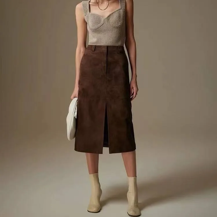 Women's genuine leather skirt - Trending Product Dark Brown Skirt Straight Slight Slit Lea | OurHomly