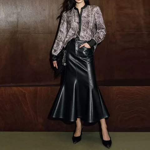 Women's genuine leather skirt - HN5310 Women's High-waisted Cinched Waistline Elegant Spli | OurHomly