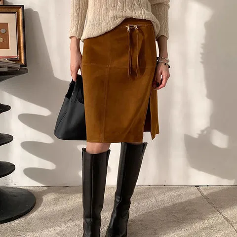 Women's genuine leather skirt - Autumn and Winter Unique Design Knee Length Tassels Zipper | OurHomly