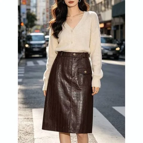 Women's genuine leather skirt - HN6357 Elegant Casual Office Women's Genuine Leather Embos | OurHomly