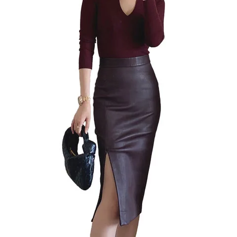 Women's genuine leather skirt - Wholesale Leather Skirts High Elastic Adjustable Split Hei | OurHomly