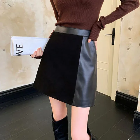 Women's genuine leather skirt - Trends 2025 in Fashion Sheepskin Suede Patchwork Light Lea | OurHomly