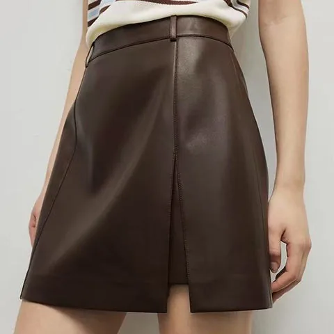 Women's genuine leather skirt - Autumn and Winter New Brown Black High Waisted A-line Vers | OurHomly