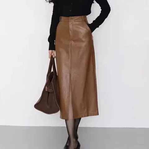 Women's genuine leather skirt - New Popular French-style Elegant Elastic Skirt Front Slit | OurHomly