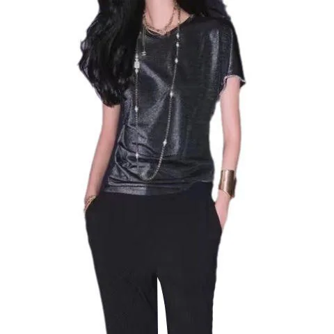 Women's genuine leather top - Summer Soft Bling Bling Round Neck Diamond Deco Casual Wom | OurHomly