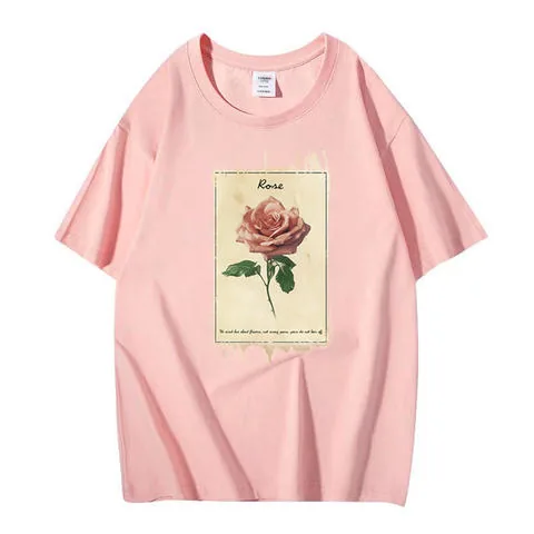 Women's genuine leather top - New Design High Quality Cotton T-Shirt Rose Printed Short | OurHomly