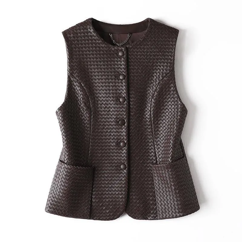 Women's genuine leather vest - New Style V Neck Slim Sleeveless Hand-woven Genuine Sheeps | OurHomly