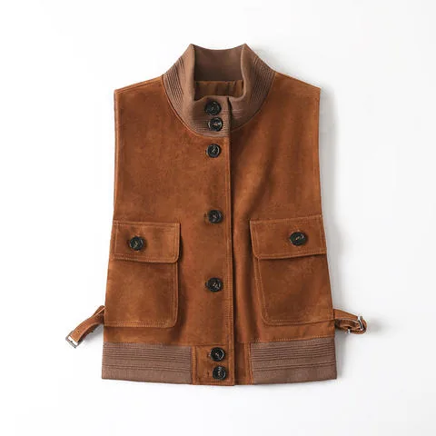 Women's genuine leather vest - Autumn New Arrival Women's Stand Collar Sleeveless Knitted | OurHomly