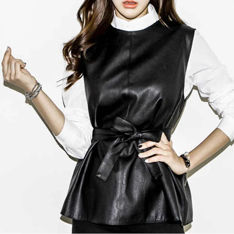 Women's genuine leather vest - Korean Style Real Leather Gilet Pullover Black Elegant Cus | OurHomly