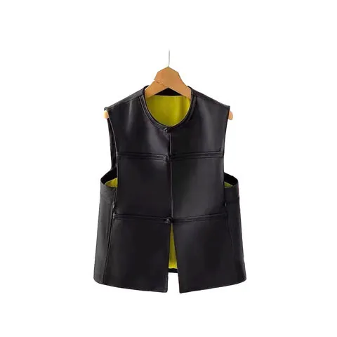 Women's genuine leather vest - Custom Solid Color Single Breasted Round Neck Slim Women's | OurHomly