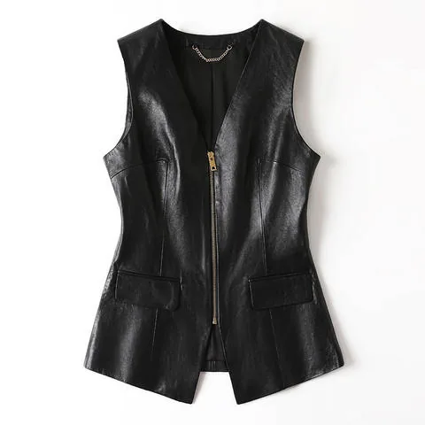 Women's genuine leather vest - Autumn New Oil Wax Sheepskin V-neck Zipper Waist Cinching | OurHomly