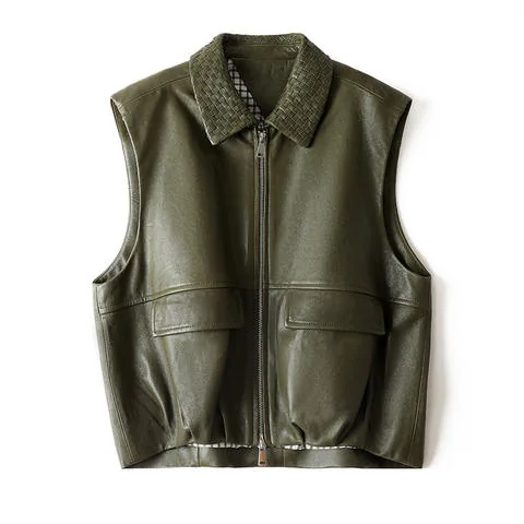 Women's genuine leather vest - Sheepskin Semi Vegetable Tanned Heavy-duty Woven Collar Sh | OurHomly