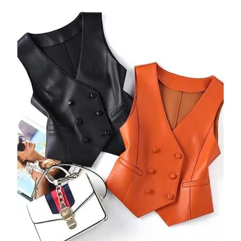 Women's genuine leather vest - Double Breasted Casual Short Genuine Leather Vest for Wome | OurHomly