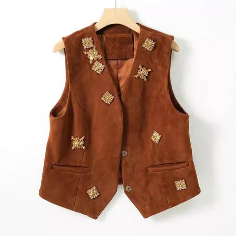 Women's genuine leather vest - New Arrival Women Vest Elegant Sheepskin Suede Leather Ves | OurHomly