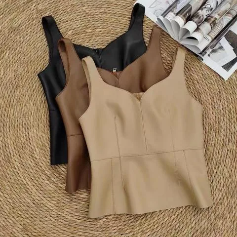 Women's genuine leather vest - Fashion High-waisted Genuine Leather Sheepskin Halt Tops W | OurHomly