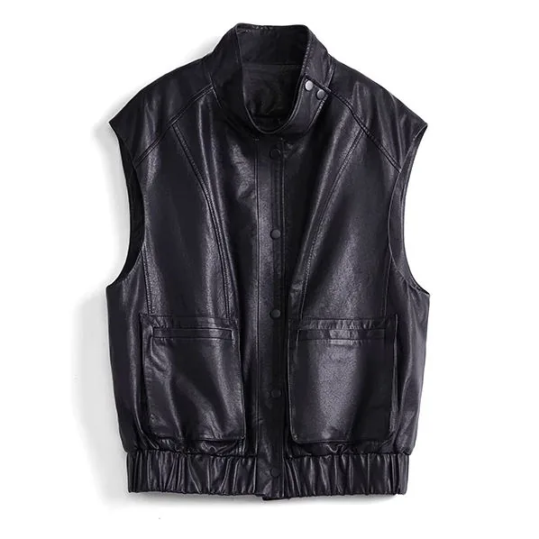 Women's genuine leather vest - Wholesale Stand Collar Pocket Casual Sleeveless Black Wome | OurHomly