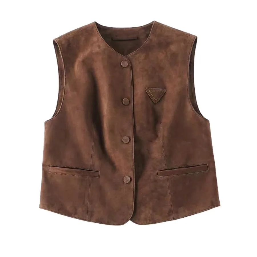 Women's genuine leather vest - New Arrival Women's Sleeveless V Neck Vintage Real Sheep L | OurHomly