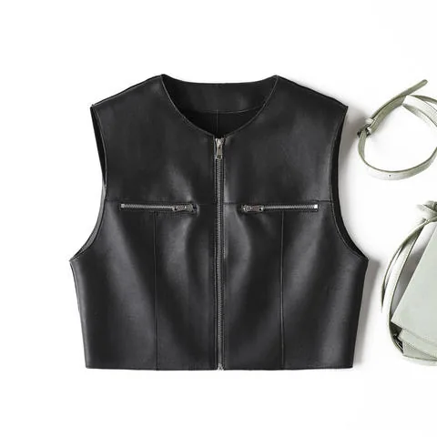 Women's genuine leather vest - Wholesale Spring Fall Female Solid Color Zipper Cropped Sl | OurHomly