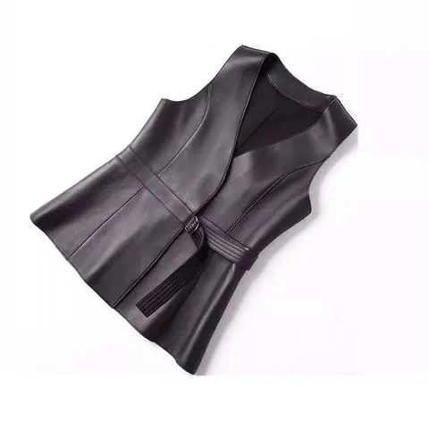 Women's genuine leather vest - Wholesale New Style V Neck Slim Sleeveless Belt Casual Gen | OurHomly
