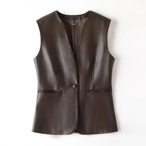 Women's genuine leather vest - Genuine Leather Sheepskin V-neck Single Button Basic Simpl | OurHomly